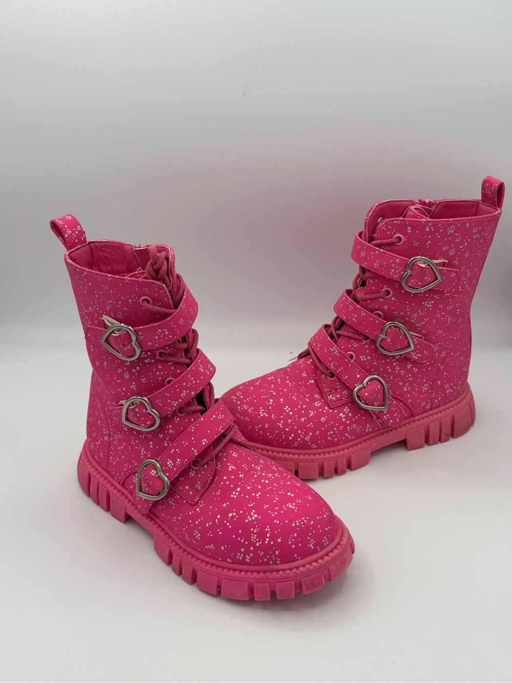 Olivia Miller ‘Love Me’ Pink Heart-Accent Glitter Combat Boots